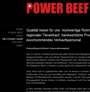 Power beef Im Namen kein bezug zur Schweiz, sondern zu England, im Logo nicht mal einen Bezug zu Graubünden, auch natürlich nirgends sonst (im Namen). Sowas fördert der Kanton Graubünden als "Impuls" von Geldern der Steuerzahler (Bildschirmfoto: Metzgerei Mark)