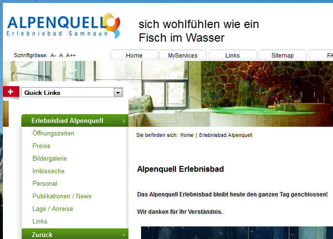 Tod eines Mädchens: "Das Alpenquell Erlebnisbad bleibt heute den ganzen Tag geschlossen!" steht auf der Webpräsenz des Bades. (Bildschirmfotosausriß: Rhätische-Zeitung.ch)