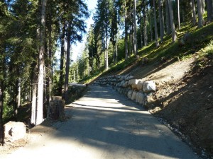 Beispiel Instandstellung Klosters: Dank einer neuen Kiesschicht und einer Böschungssicherung mit einer Blocksteinmauer ist die Waldstrasse für den Holztransport wieder sicher befahrbar. (Foto: Standeskanzlei Graubünden)