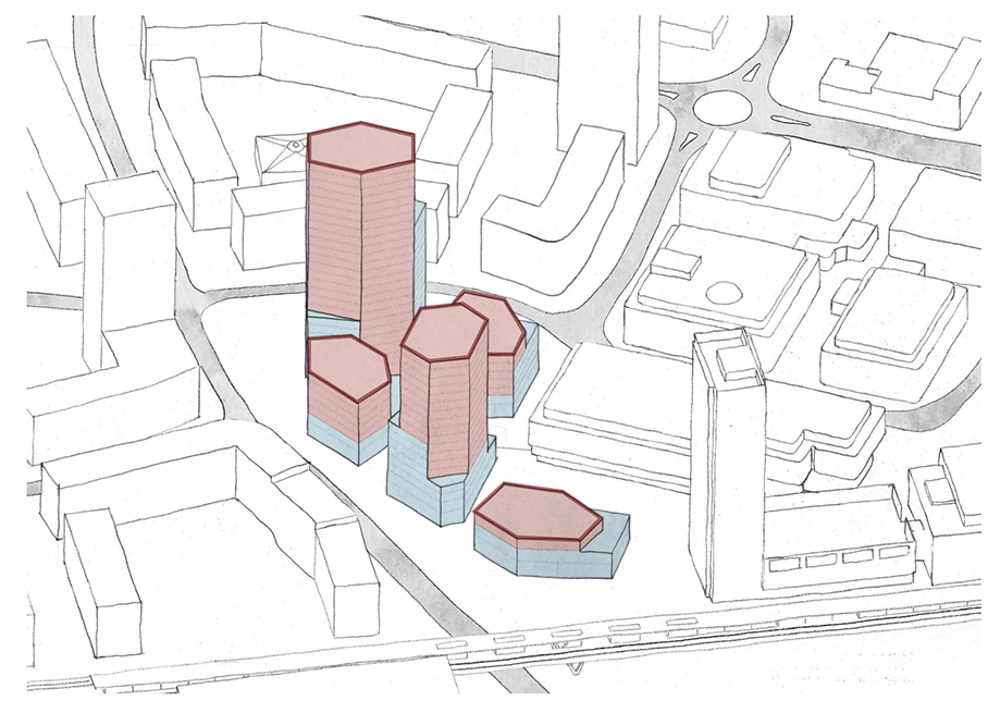 Die Gebäude des Teilgebiets wachsen sechseckig, kristallartig aus Sockeln heraus.Darstellung von Duplex Architekten.